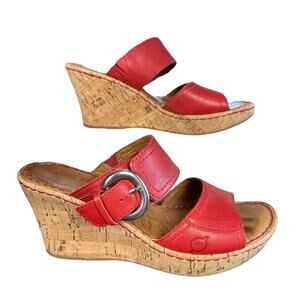 Born Sandals Women Sze 6 M/W Red Leather Buckle Casual Bohemian Cork Wedge Heels